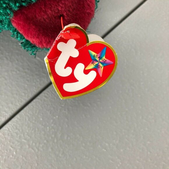 TY Beanie Buddies 2001 Holiday Teddy Bear Green w Shimmer & Maroon Tag Retired - Picture 5 of 9